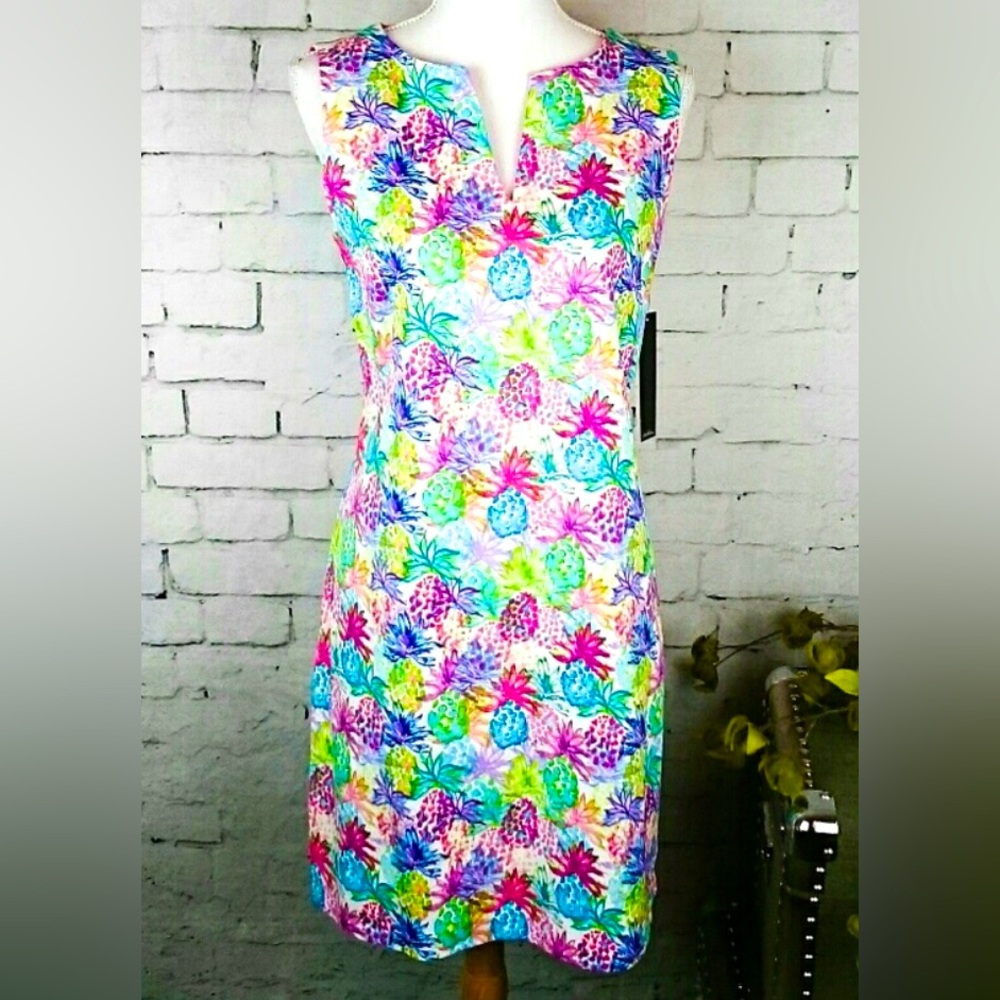 🌴NEW! Nicole Miller Watercolor Tropical Pineapple Floral Multicolor Sheath Dress